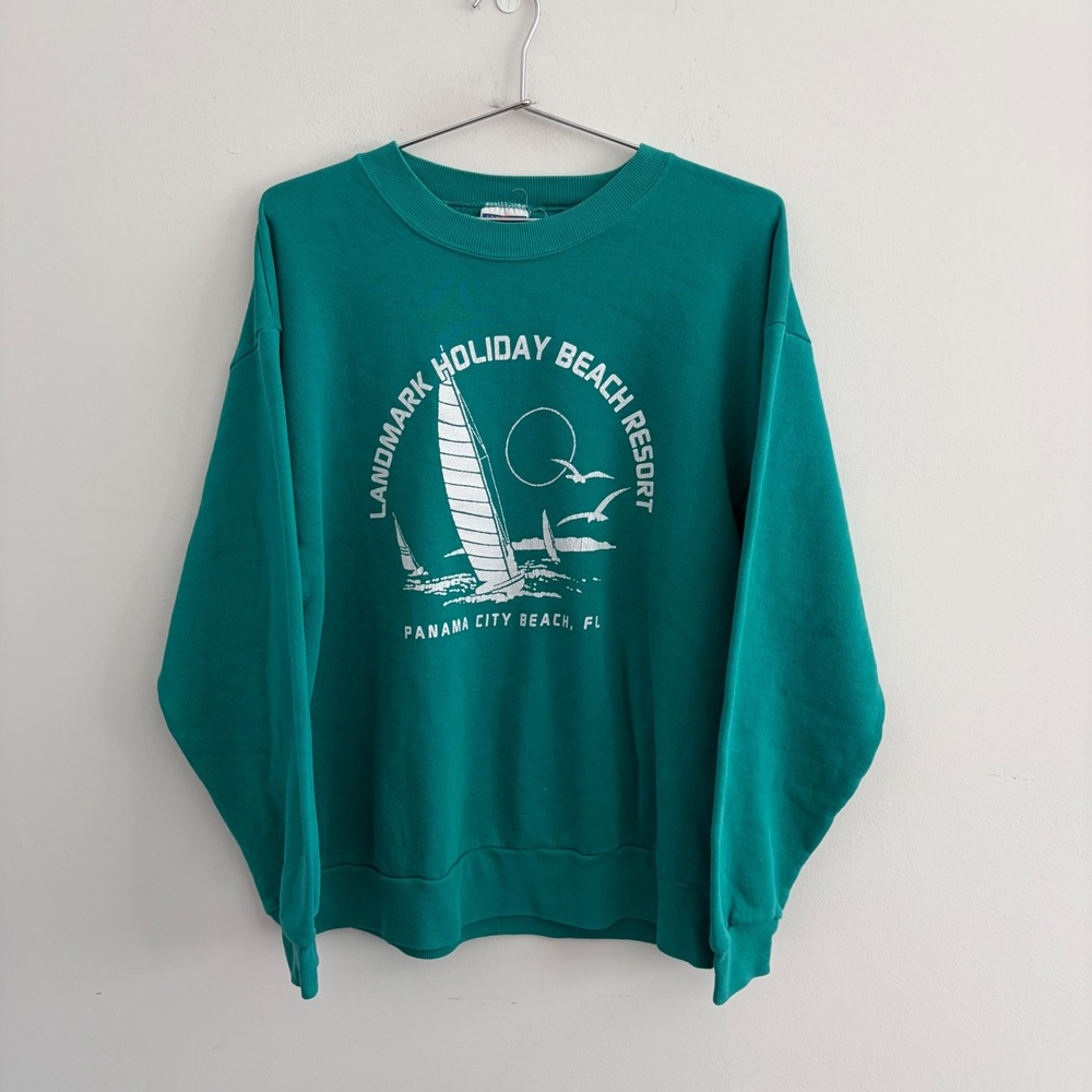 Vintage Jerzees Landmark Holiday Beach Resort Sweatshirt Teal Green Sailboat